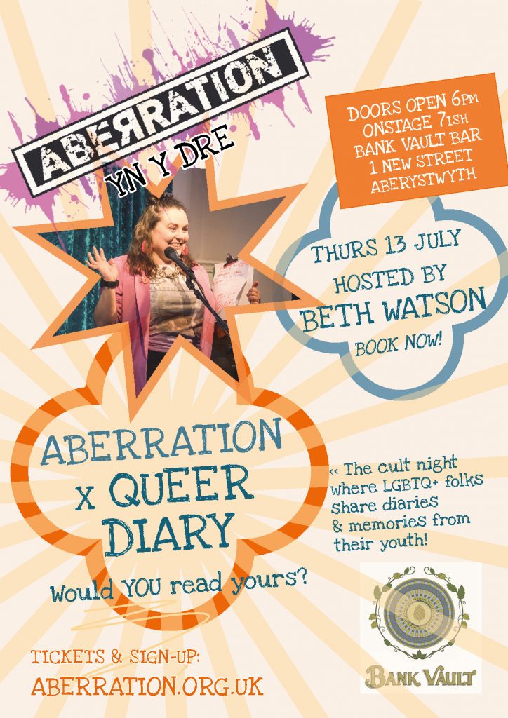 Poster for Queer Diary at Aberration featuring image of Beth Watson as host. 